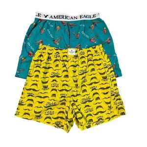 Novelty Print Mens Boxers SZ S American Eagle Funny Mustache Swim Lot of 2 Fun